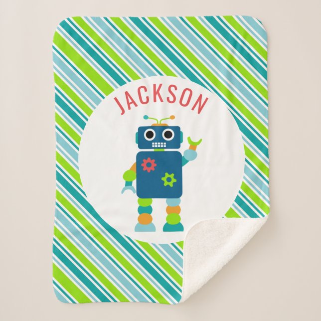 Silly Robot Kids Personalised Striped Adorable Sherpa Blanket (Front)
