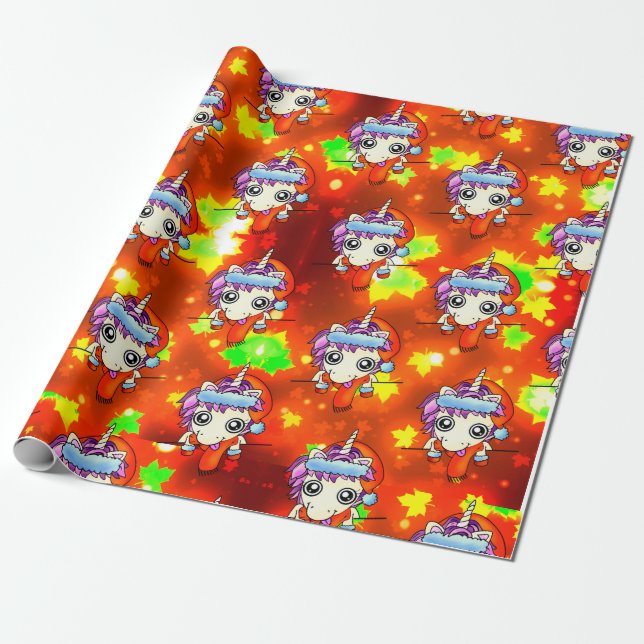 Silly Santa Unicorn with Gold Autumn Leaves Wrapping Paper (Unrolled)
