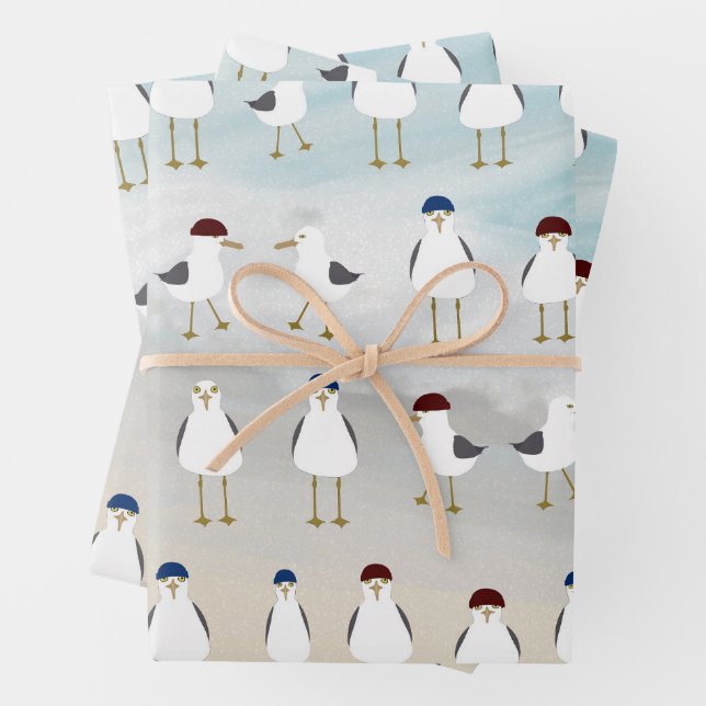 Silly Seagulls Wrapping Paper Flat Sheet Set of 3 (In situ)