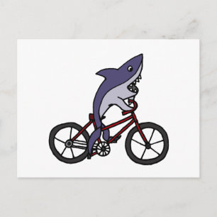 Silly Shark Riding Bicycle Cartoon Postcard