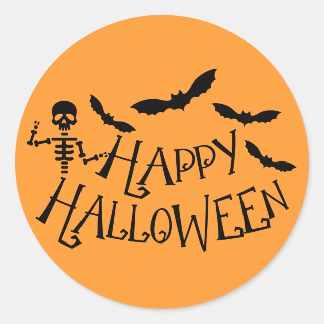 Silly Skeleton Bats Black & Orange Happy Halloween Classic Round Sticker (Front)