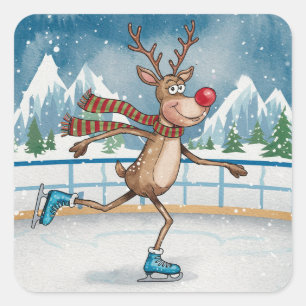 Silly Skinny Rudolph on ice Skates Christmas  Square Sticker