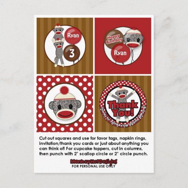 Silly SOCK MONKEY Birthday Cupcake Topper SMR Postcard (Front)