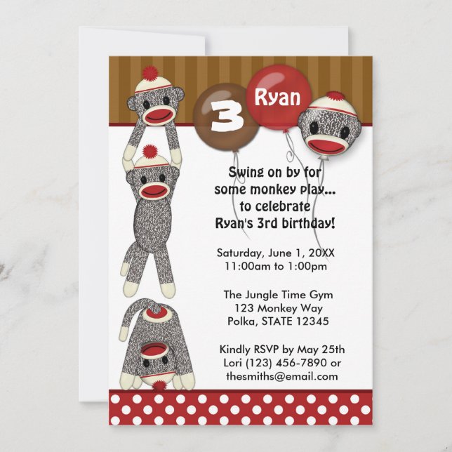 Silly SOCK MONKEY Birthday Invitation SMR girl/boy (Front)