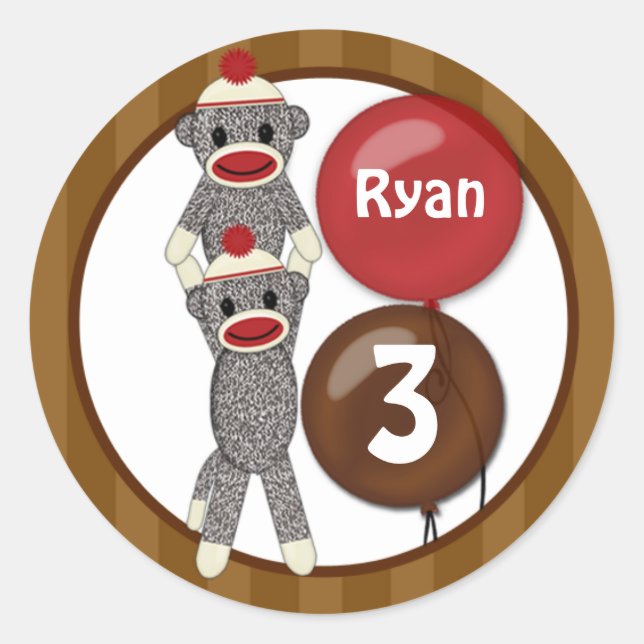Silly SOCK MONKEY Birthday Round sticker SMR #1 (Front)