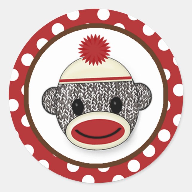Silly SOCK MONKEY Birthday Round sticker SMR #3 (Front)