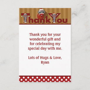Silly SOCK MONKEY Thank You 3.5"x5" (FLAT style) Card