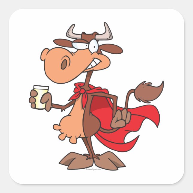 silly super cow drinking milk cartoon square sticker (Front)