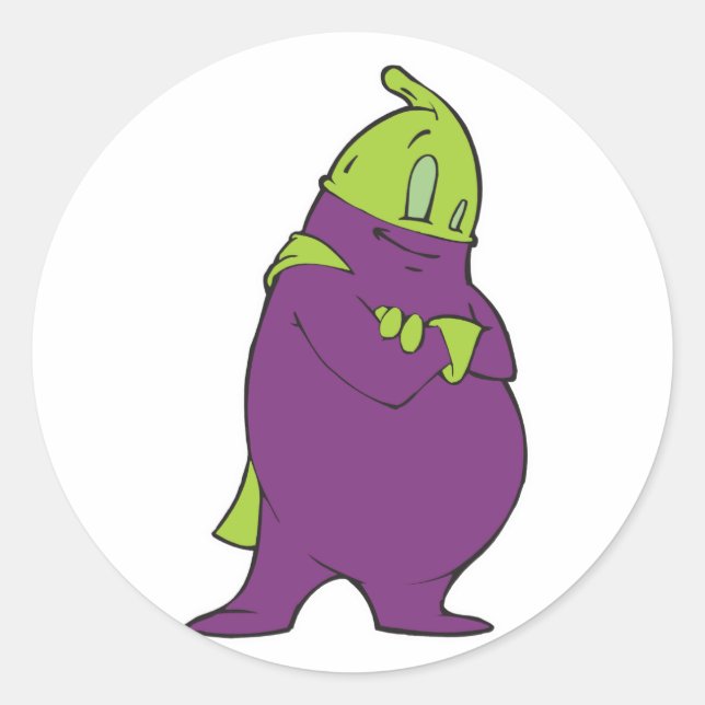 silly superhero eggplant cartoon character classic round sticker (Front)