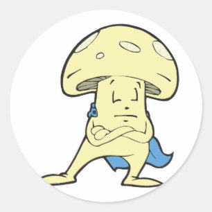 silly superhero hero fungi mushroom cartoon charac classic round sticker