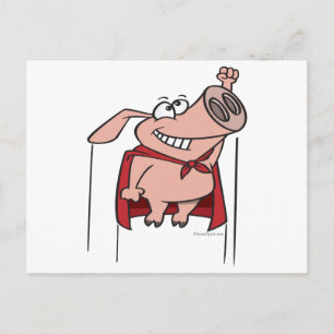 silly superhero super pig cartoon postcard