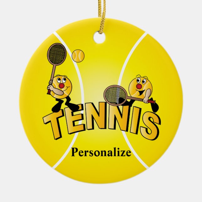 Silly Tennis Ball Players | Personalise Ceramic Tree Decoration (Front)