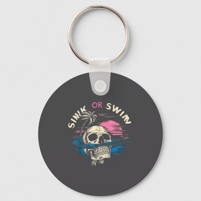 Silly Tropical Sunset Skull Sink Ocean Swim Key Ring (Front)