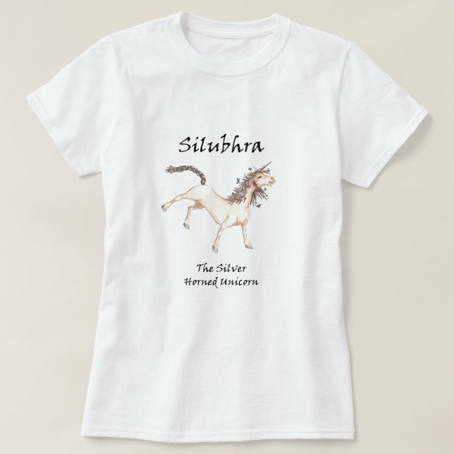 Silubhra The Silver-Horned Unicorn Tee-Shirt T-Shirt (Design Front)