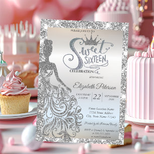 Silv Glitter Dress,Tiara Sparkle Sweet 16 Invitation