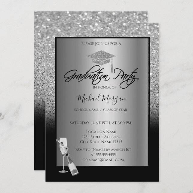 Silve Glitter Graduation Cap,Wine,Glass Graduation Invitation (Front/Back)