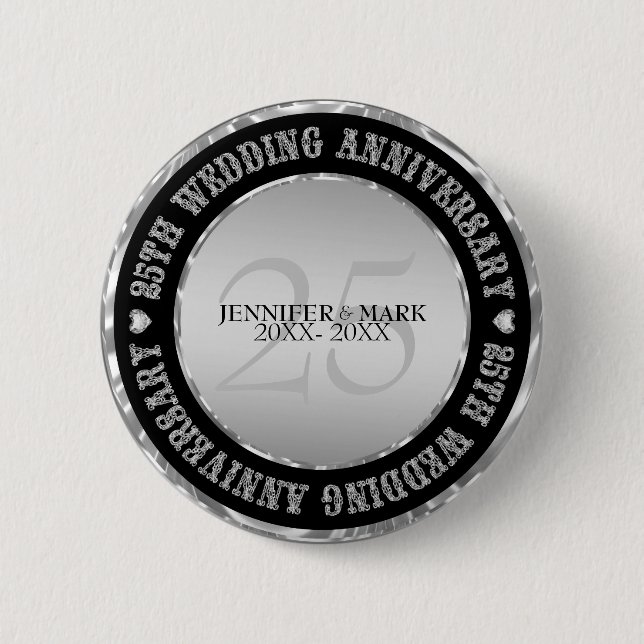 Silve Wedding Anniversary  Metallic Silver & Black 6 Cm Round Badge (Front)
