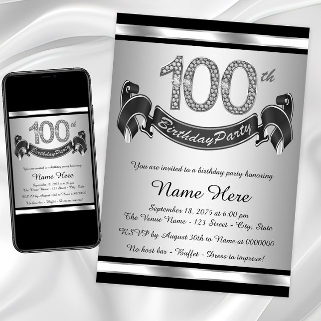 Silver 100th Birthday Party Invitation (100th birthday party invitation. Digital download and printed invitations available.)