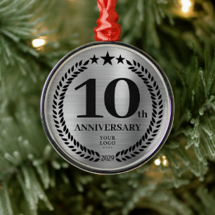 Silver 10th Anniversary Business Logo Christmas Metal Tree Decoration