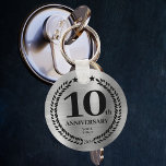 Silver 10th Business Anniversary Commemorative Key Ring<br><div class="desc">Silver brushed metallic style 10th-anniversary keychain with a business logo and year. Commemorative design with a laurel branch and stars on the front,  and space to add any personalised text on the back. The logo can be changed for text by clicking the button to edit the design.</div>