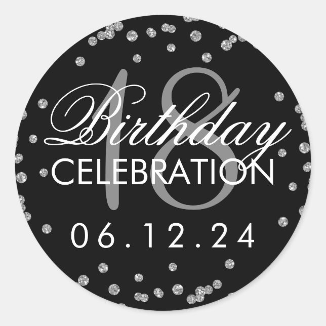 Silver 18th Birthday Faux Glitter Confetti Black Classic Round Sticker (Front)
