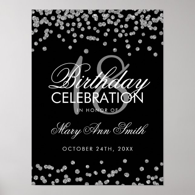 Silver 18th Birthday Faux Glitter Confetti Black Poster (Front)