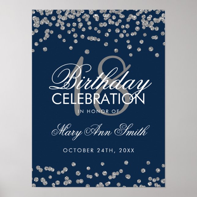 Silver 18th Birthday Faux Glitter Confetti Navy Poster (Front)