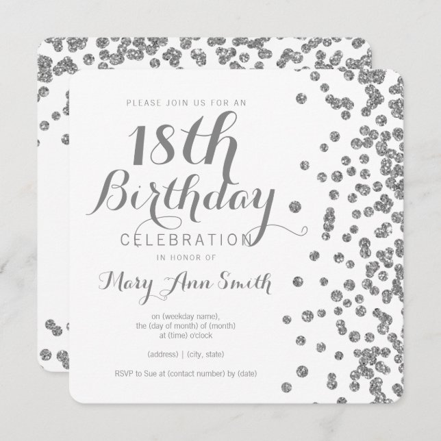 Silver 18th Birthday Faux Glitter Confetti White Invitation (Front/Back)