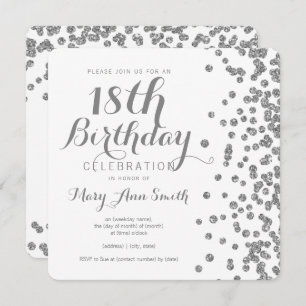 Silver 18th Birthday Faux Glitter Confetti White Invitation