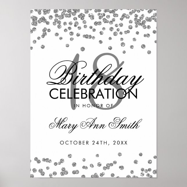 Silver 18th Birthday Faux Glitter Confetti White Poster (Front)