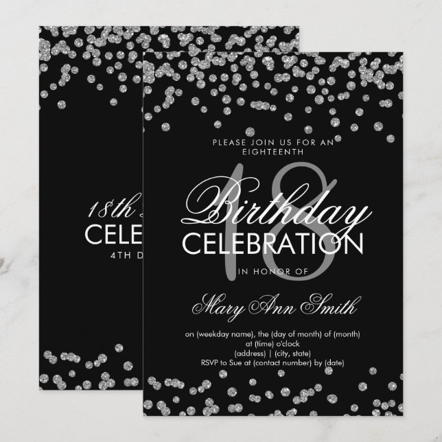 Silver 18th Birthday Glitter Confetti Black Invitation (Front/Back)