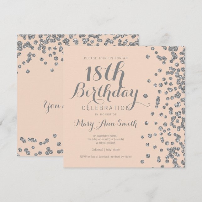 Silver 18th Birthday Glitter Confetti Blush Pink Invitation (Front/Back)