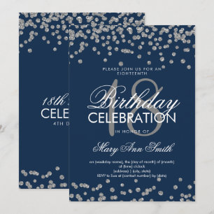 Silver 18th Birthday Glitter Confetti Navy Blue Invitation