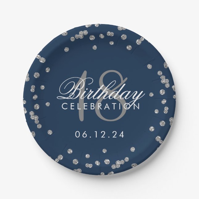 Silver 18th Birthday Glitter Confetti Navy Blue Paper Plate (Front)