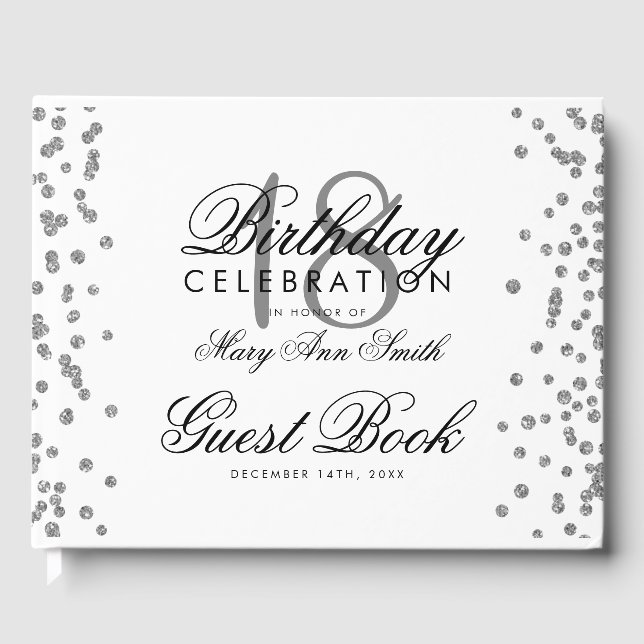 Silver 18th Birthday Party Glitter Confetti White Guest Book (Front)
