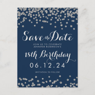 Silver 18th Birthday Save Date Confetti Navy Blue Announcement Postcard