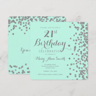 Silver 21st Birthday Faux Glitter Confetti Mint Invitation