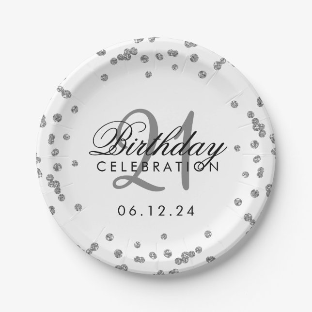 Silver 21st Birthday Faux Glitter Confetti White Paper Plate (Front)