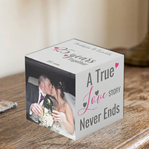 Silver 25 years anniversary pink photo cube