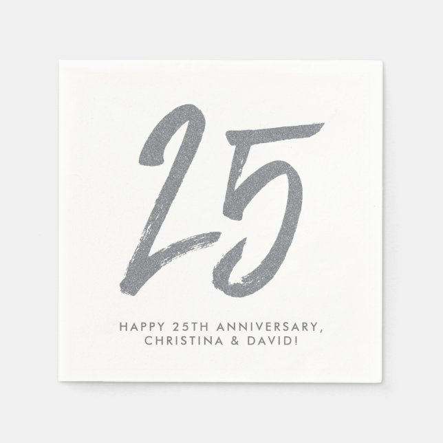 Silver 25th anniversary party personalised napkin (Front)