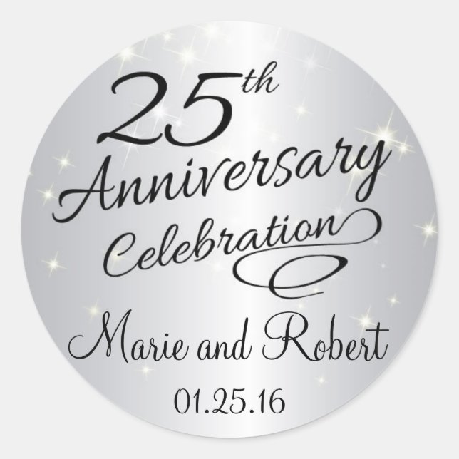 Silver 25th Anniversary Sparkly Wedding Classic Round Sticker (Front)