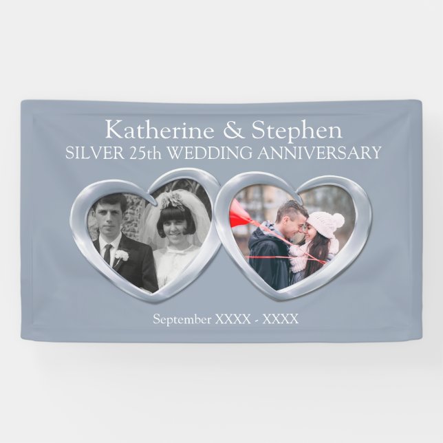Silver 25th Wedding anniversary 2 hearts photo Banner (Horizontal)