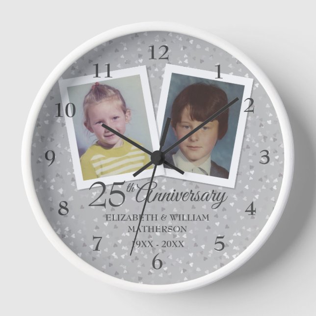 Silver 25th Wedding Anniversary 2 Photos Clock (Front)