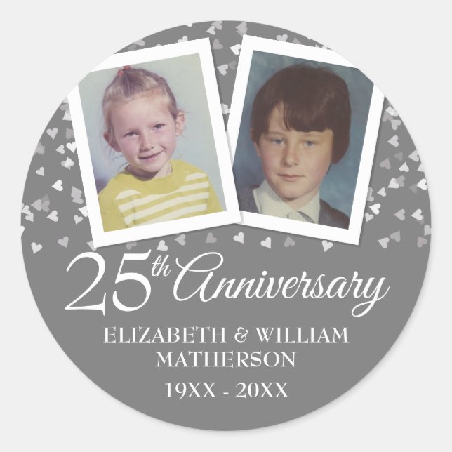 Silver 25th Wedding Anniversary Childhood Photos Classic Round Sticker (Front)