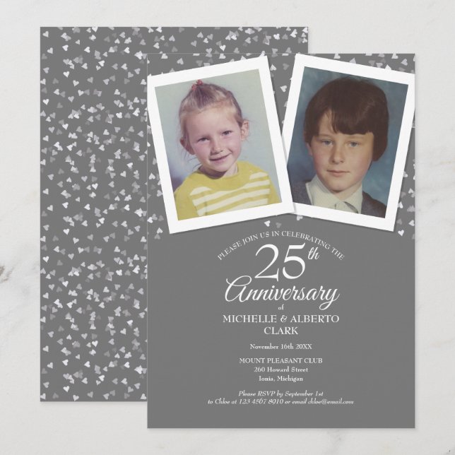 Silver 25th Wedding Anniversary Childhood Photos Invitation (Front/Back)