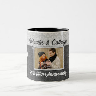 Silver 25th Wedding Anniversary Damask Photo Two-Tone Coffee Mug
