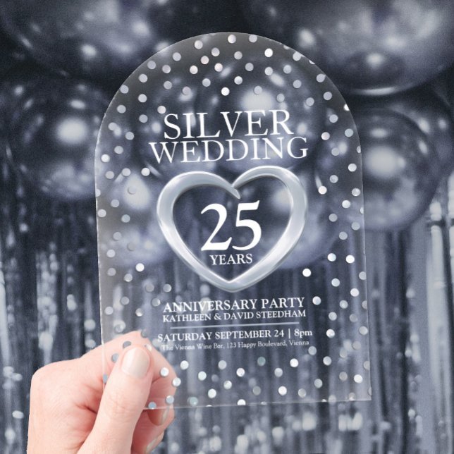 Silver 25th wedding anniversary heart  acrylic invitations (Creator Uploaded)
