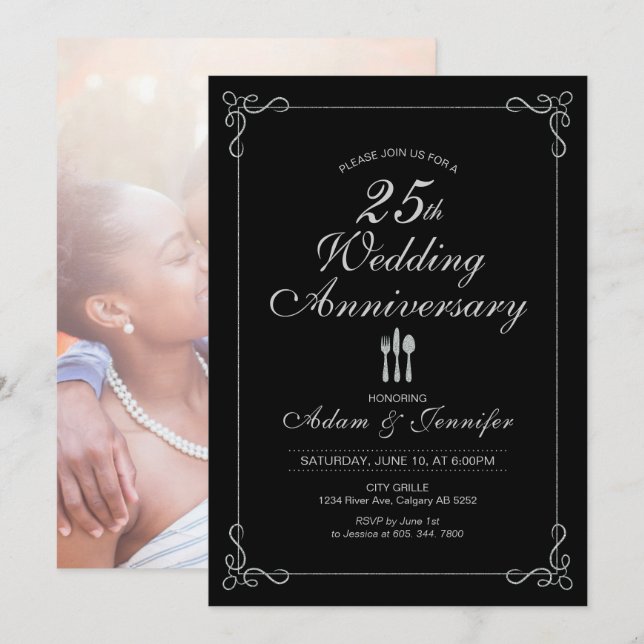 Silver 25th Wedding Anniversary Invitation Card (Front/Back)