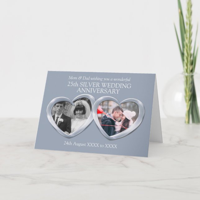 Silver 25th wedding anniversary past present photo card (Front)