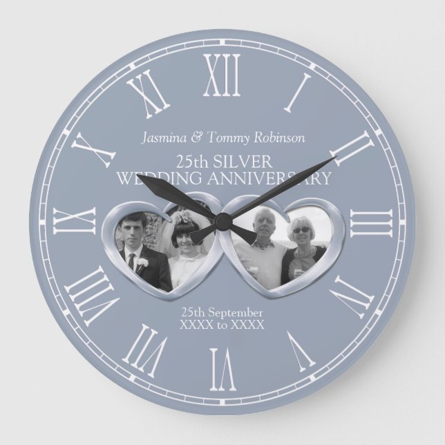 Silver 25th wedding anniversary past present photo large clock (Front)